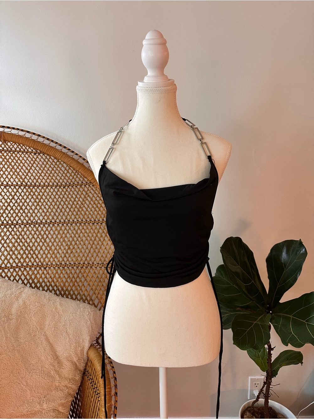 Forever 21 Black Cowl Neck Crop Top with Chain-Strap
